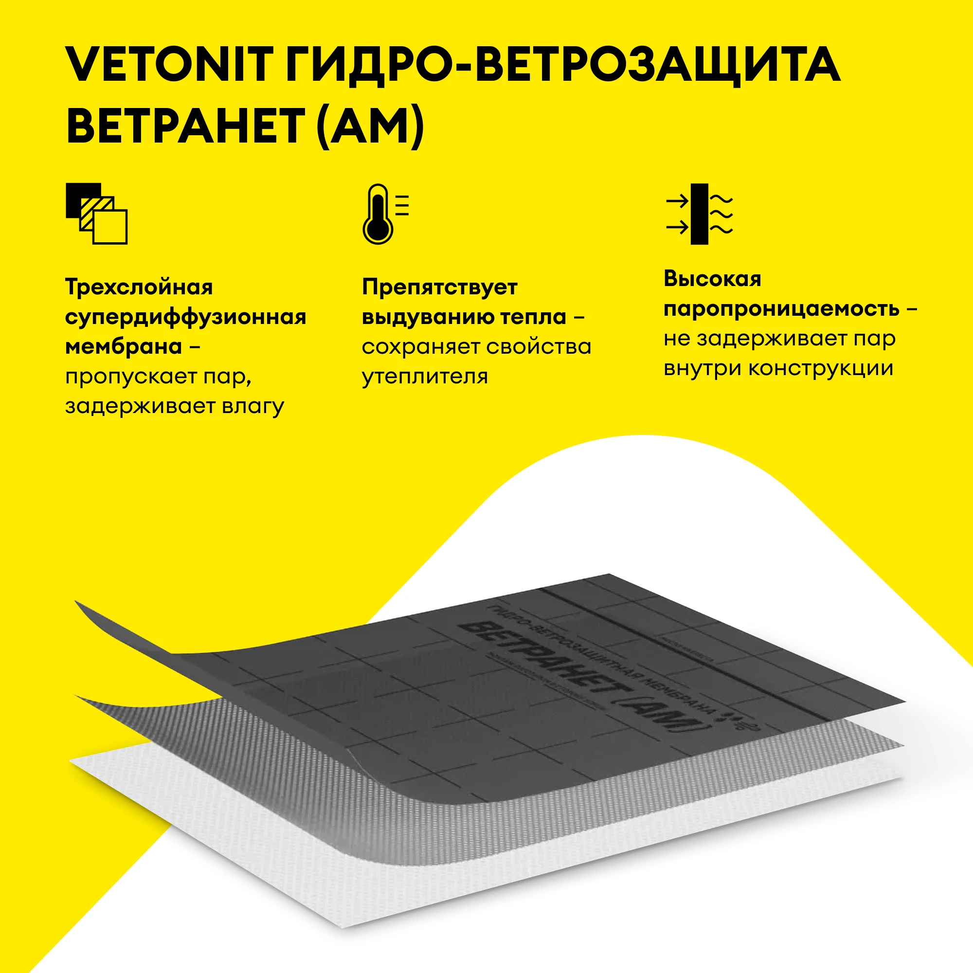 Гидро-ветрозащитная мембрана Vetonit Ветранет (АМ) 70 м2 (3)