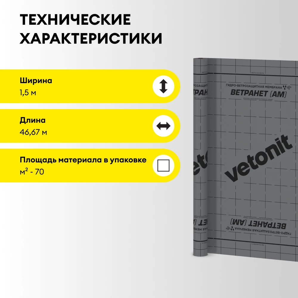 Гидро-ветрозащитная мембрана Vetonit Ветранет (АМ) 70 м2 (4)